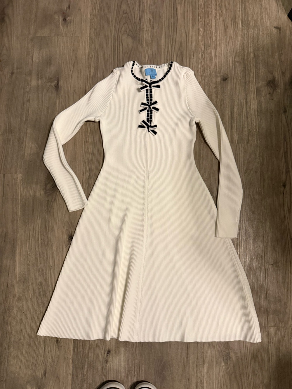 CeCe Cream Ribbed Midi Dress with Black Trim and Bows - Picture 3 of 6